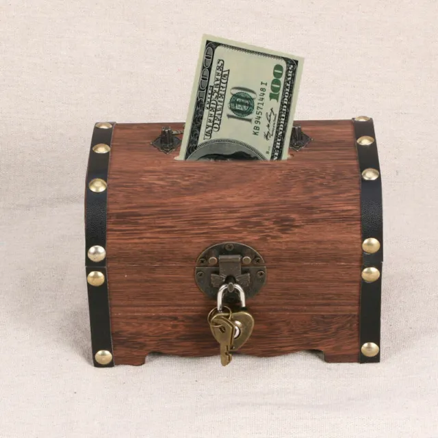 Cofre de madera cofre del tesoro caja del tesoro caja de ahorros joyería caja con cerradura vintage