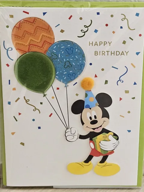 Papyrus Disney Mickey Mouse Birthday Pom Hat Holding 3D Balloons & Gift Card Nwt