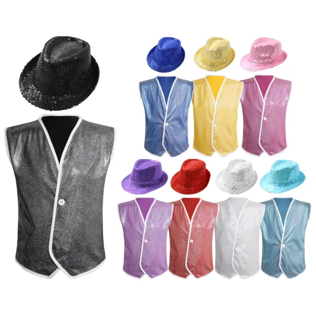 Kids Boys Girls Vest Waistcoat Hat One Button Costume Halloween Jacket Cosplay