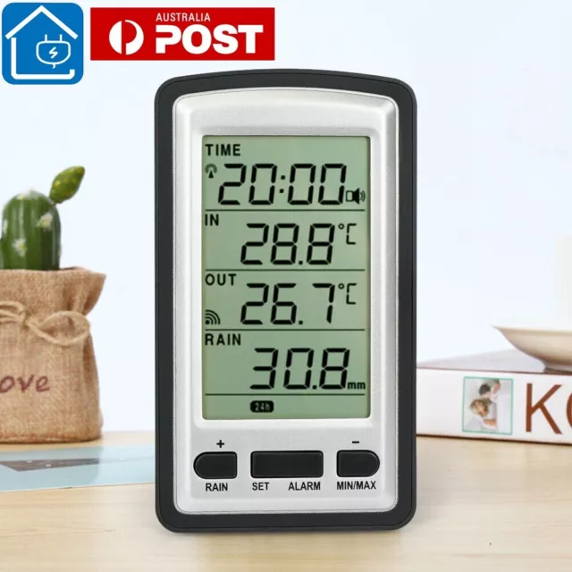 AU Wireless Weather Station Thermometer LCD Digital Alarm Clock Rain Gauge Meter