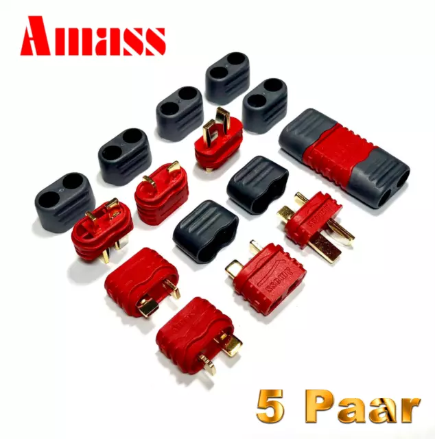 5 Paar Amass T-Dean Deans T-Plug Stecker Buchse Goldstecker mit Schutzkappen 40A