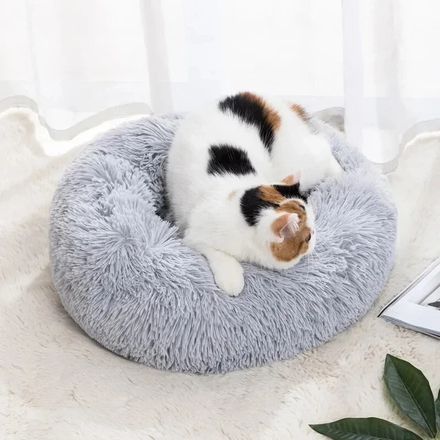 Pet Dog Cat Bed Donut Plush Fluffy Soft Warm Calming Bed Sleeping Kennel Nest