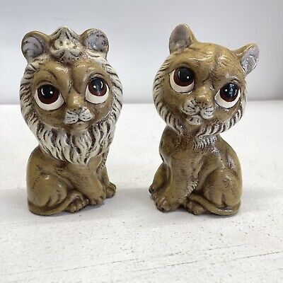 Vintage 70s Pair Big Eyed Lion Cat Ceramic Figurine Painted Kitsch MCM Retro