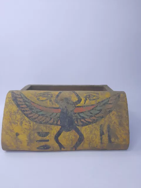 ANCIENT EGYPTIAN HIEROGLYPHIC WOOD Box Scarab Winged with Ushabti Dead Mummy