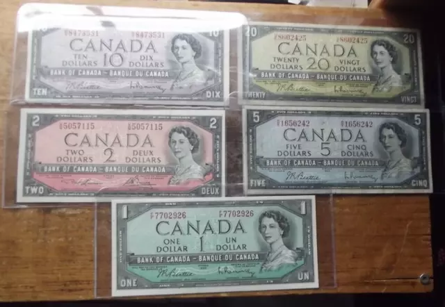 Bank Of Canada 1954 $20.00,10,5,2 Ands $1.00 Circulated Banknotes======