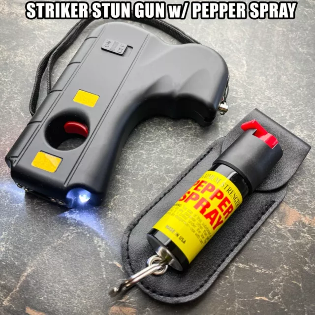 Striker 10MV Rechargeable Pistol Grip STUN GUN w/ LED Light & Pepper Spray Set