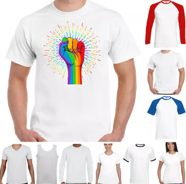 LGBT T-SHIRT Mens Freedom Fist Lesbian Gay Pride Rainbow Colours Clothing Top
