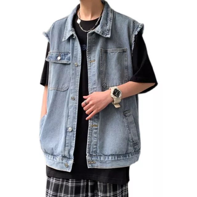 Men Casual Denim Tank Top Waistcoat Gilet Vest Coat Raw Trim Distressed Jacket