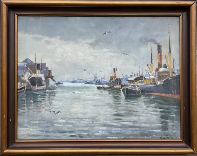 Harald H. Hansen 1890-1967 Hafenansicht Dampfschiffe Fischerboote Kopenhagen