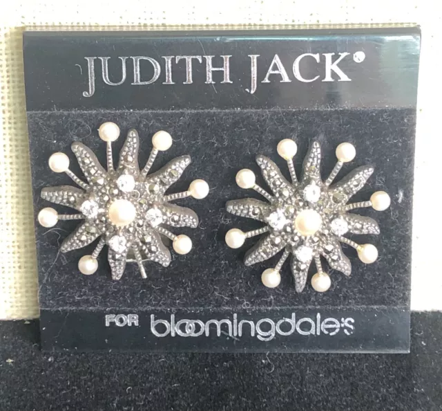 Vintage Judith Jack JJ Sterling Silver Marcasite Faux Pearl & Diamond Earrings