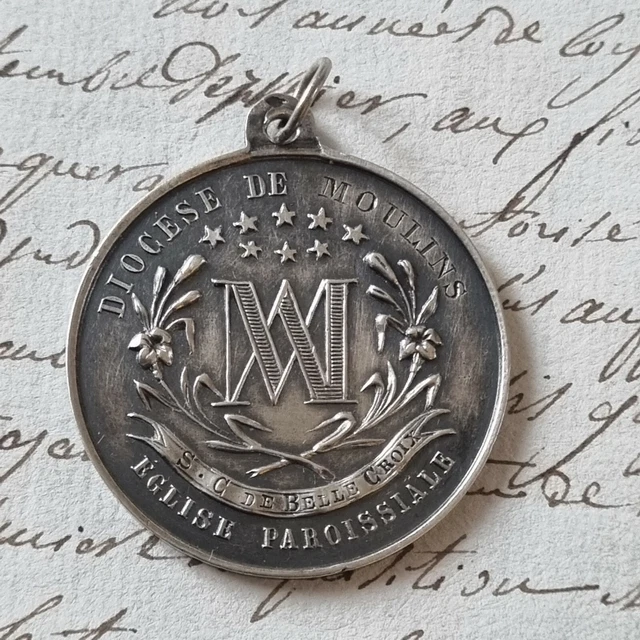 Pendentif Médaille Argent Vierge Au Serpent - XIXe Siècle - Bon état