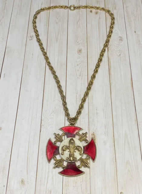 Coro Pegasus Necklace Red Enamel Fleur De Lis Medal Pendant 18.5 inch