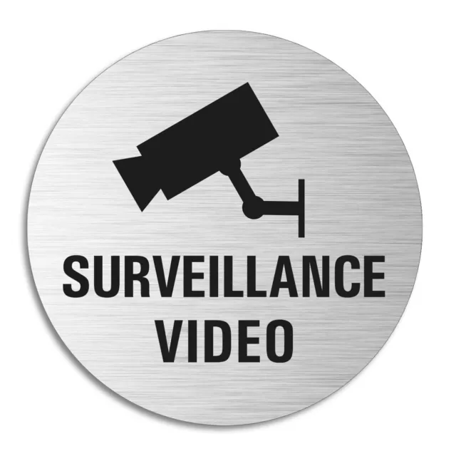 Surveillance Video Plaque Signalétique Panneau Ø 75 mm Aluminium brossé adhésif