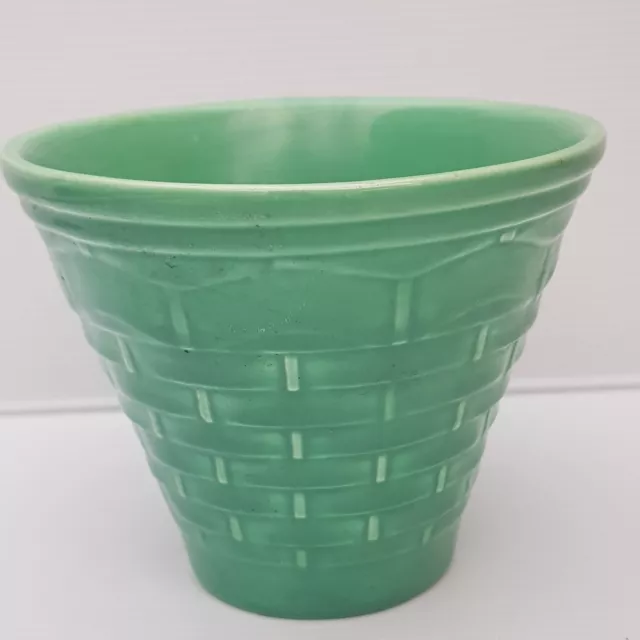 Vintage Pottery Vase Planter Numbered Teal green Pot Basket pattern