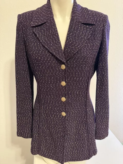 St John Collection Eggplant Deep Purple Tweed Knit Long Jacket Aubergine 6 8 USA