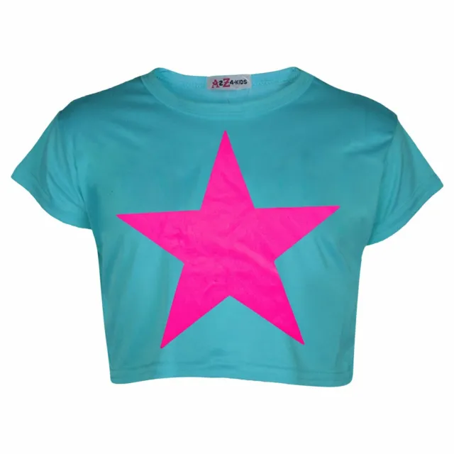 T-shirt alla moda turchese elegante per bambine crop top stampa stella 5-13 anni