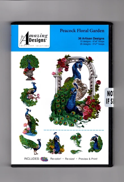 Amazing Designs ~ Jardín Floral Pavo Real ~ CD DE DISEÑO BORDADO, Brother, Pfaff.
