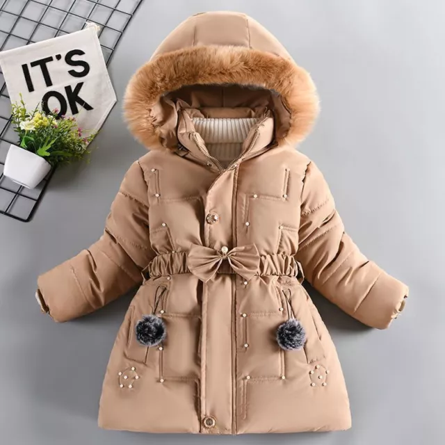 Girls Winter Warm Hooded Kids Coat Padded Thick Parka Long Fur Cotton Jacket New