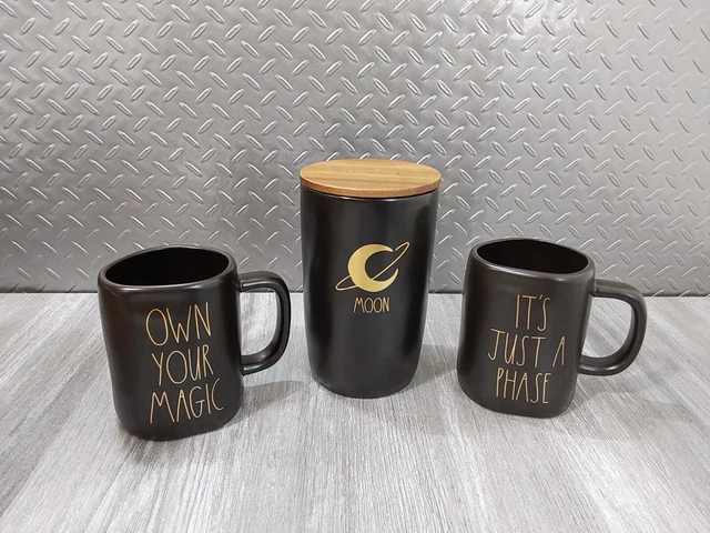 RAE DUNN Coffee Mugs Black Gold Own Your Magic & Its Just a Phase Sun Moon Canis
