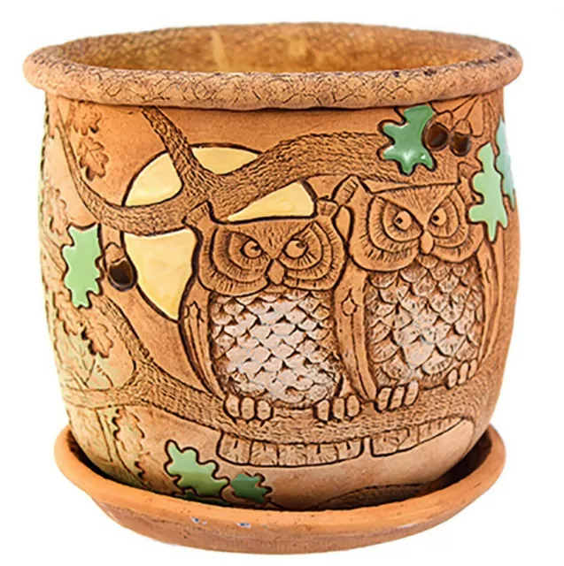 6" Brown Stoneware Planter with Saucer,OWL BIRDS Couple Pattern,Russian Handmade