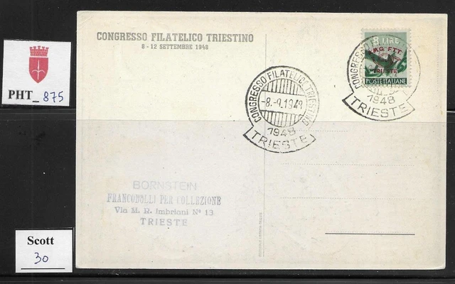 PHT_875. TRIESTE FTT. FDC postcard w. 1948 CONGRESSO FILATELICO. Scott 30.