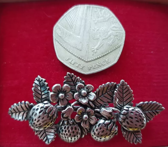 Vintage Signed 1989 Maureen Ann Storey MASJ Strawberry Plant Pewter Brooch Pin