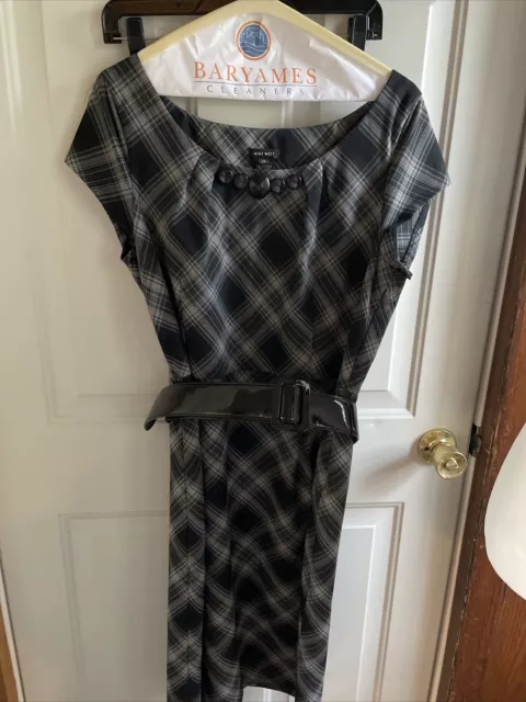 Women’s Nine West Gray Plaid Dress Short Sleeves 14 Black Belted Sheath Office