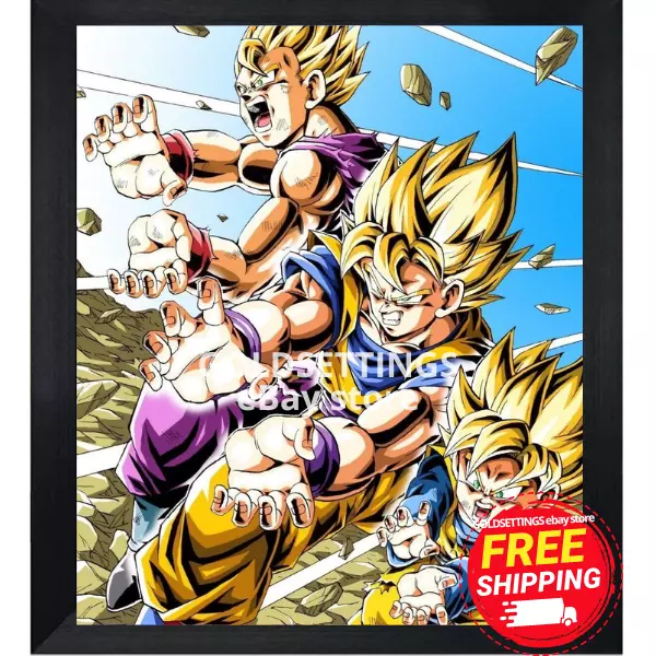 Father Sons Kamehameha Framed Poster Goku Goten Gohan Dragon Ball Z DBZ 8X10"