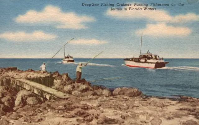POSTCARD FL DEEP Sea Fishing Cruisers Fishermen on Jetties 1954 Vintage PC  H5322 $3.00 - PicClick