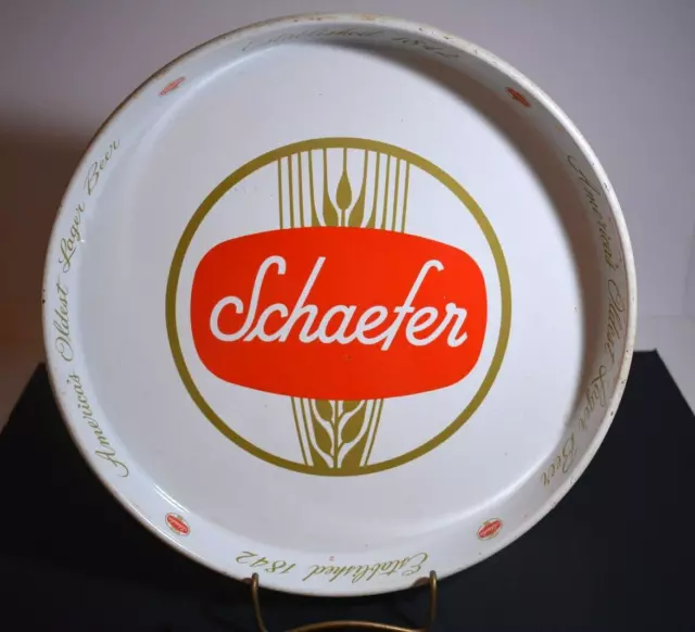 Vintage Schaefer Beer Lager Tray Metal Tin 12" White Est 1842 Man Cave Decor