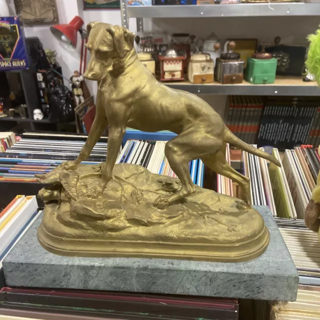 Rare Ancien Statue En Régule Chien Signé Jules Moigniez