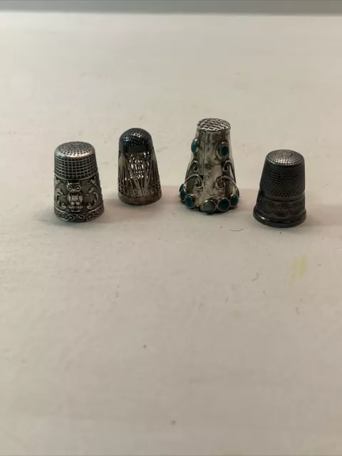 Antique/Vintage 800 925 Silver Sewing Thimbles With Owl Lot of 4 Pieces