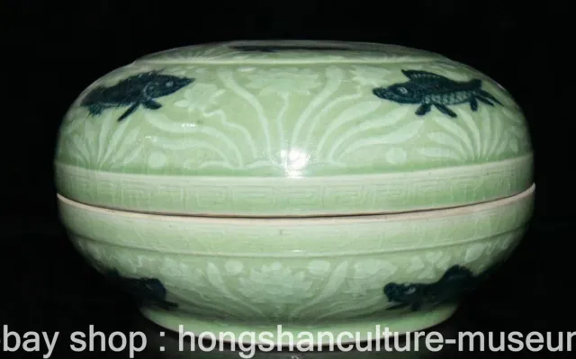 9.2" Rare Old Chinese Bean green glaze Porcelain Palace Dynasty Fish Lotus Box