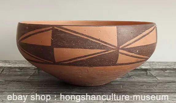 9.6" Ancient Neolithic Majiayao Culture Pottery Oblique Triangle Pattern Bowls