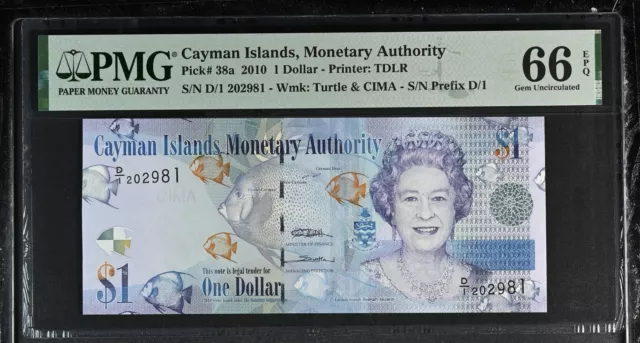 Cayman Islands 1 Dollar 2010 P 38 a D/1 4 Digit Gem UNC PMG 66 EPQ