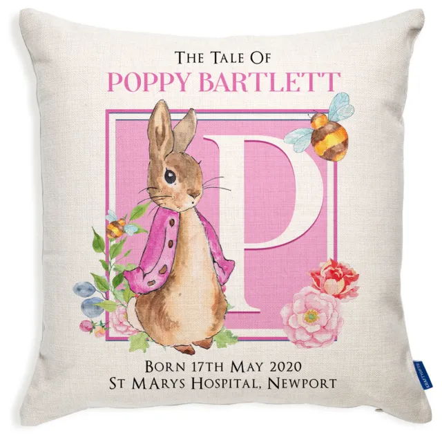 Personalised Christening Rabbit Cushion New Baby Girl Pillow Cover Gift PR02