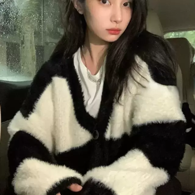 Femme Cardigan Fausse Fourrure Veste Pull Rayé Col V Bouton Manteau Preppie Vrac