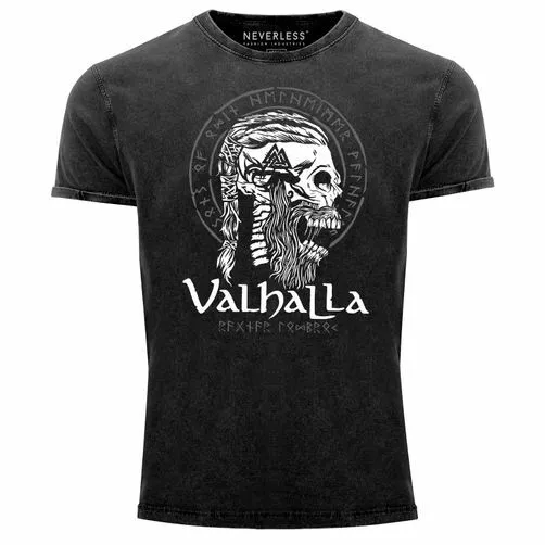 Herren Vintage Shirt Valhalla Totenkopf Runen Nordische Mythologie Ragnar