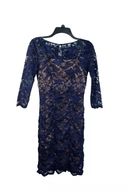 Womens Eliza J Dress Size 2 Evening Navy Blue Lace Cocktail Sheath 3/4 Sleeves