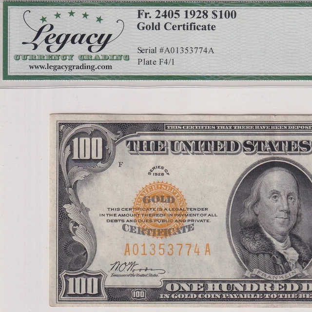 1928 One Hundred Dollars GOLD CERTIFICATE note Fr.2405—Legacy 53 PPQ About New