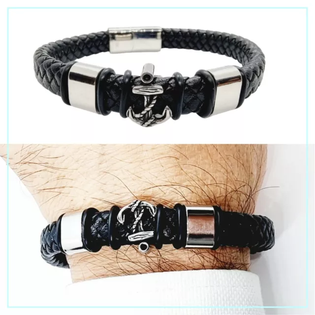 Bracelet Men's Steel And Skin Bracelet Anchor Shaped Leather Black Braided