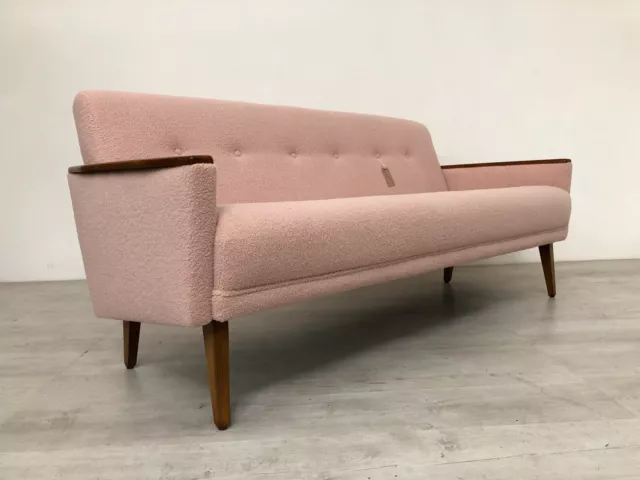 Model 55 Danish Teak Inspired Mid Century 3 Seat Sofa Settee Powder Pink Boucle