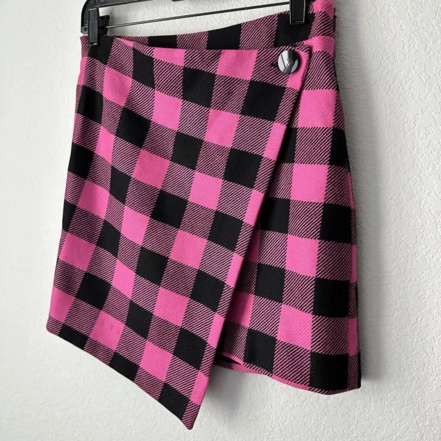 New $295 Milly Pink Black Buffalo Plaid Wool Wrap Mini Skirt Size 2 3