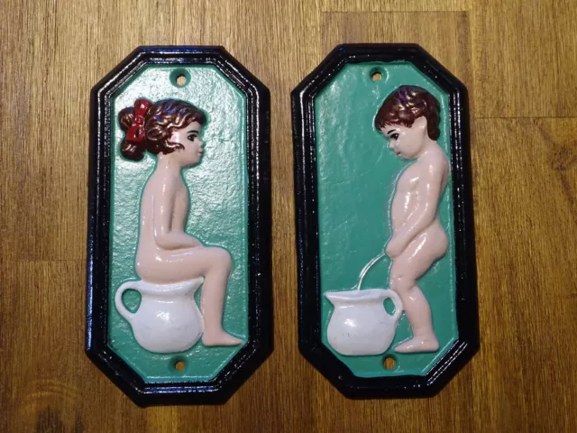 Türschild Hinweisschild Eisen Toilette Kloschild Mann / Frau Retro Antik grün