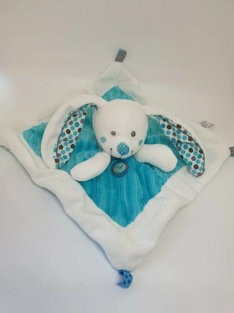 34 - Doudou Plat Nicotoy Simba Lapin Blanc Bleu Pois Oiseau Neuf