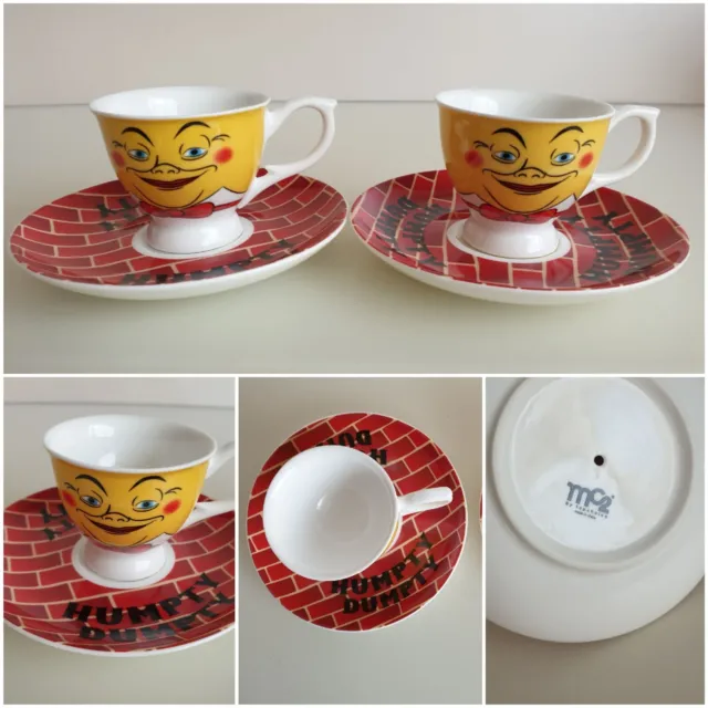 2 xVintage retro Novelty Ceramic Humpty Dumpty Egg Cup - Saucer. MC2 Easter Gift