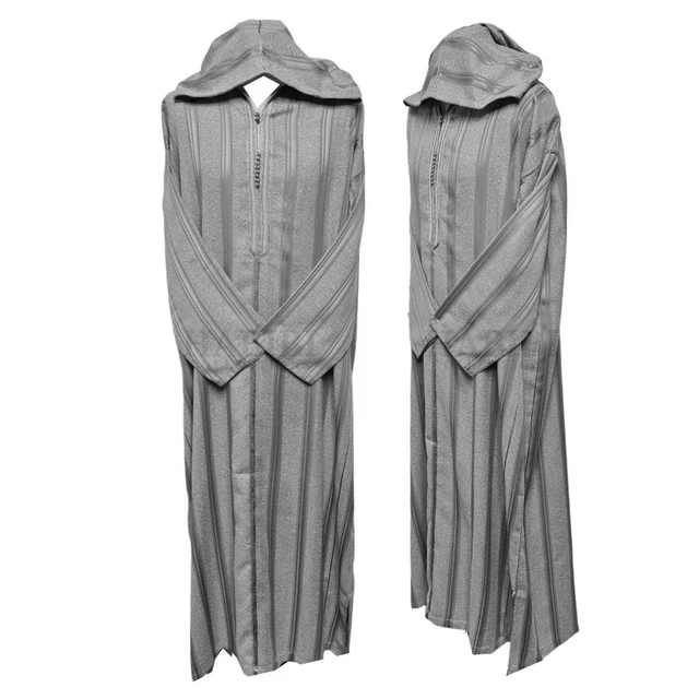 Djellaba Homme Marocaine Gris Clair Rayé Capuche Coton Longue Thobe Juba