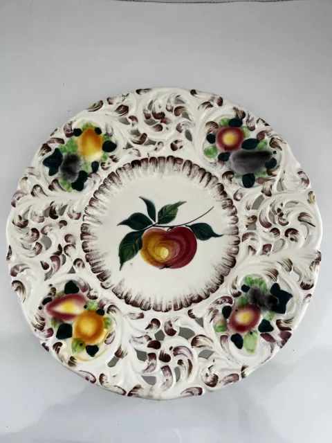 Italian Majolica Pottery Fruit 11” Plate Reticulated Edge Vintage Hand Painted