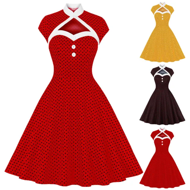 Women's 50s Vintage Summer Polka Dots Swing Dress Rockabilly Cocktail Party Prom