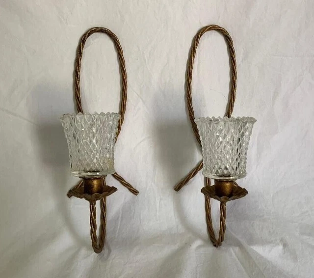 Pair Vtg Candle Holder Wall Sconce Metal Twisted Rope with Clear Glass Holders